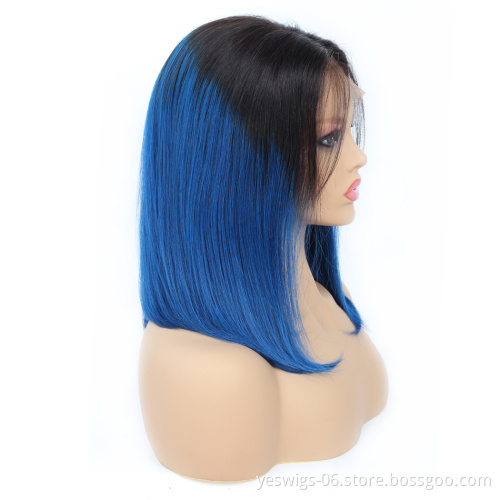 Yeswigs 1b-blue Short Bob Cut Wig Human Hair Lace Front Cuticle Aligned Remy Virgin Silky Straight 1b-blue Ombre Wig 8 Inch Bob